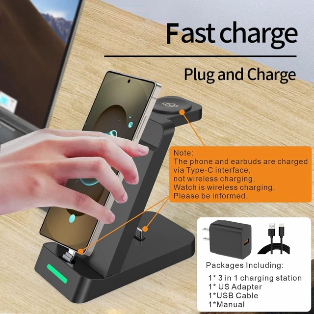 Alt view image 4 of 7 - 3 in 1 Fast Charging Station for Samsung Galaxy Phones Watch Earbuds Charger, Fast Android Charger Stand Dock for Samsung Galaxy S25/S24/S23/S22/21/20/Note20/10 Galaxy Watch Ultra 8/7/6/5/4 (Black)