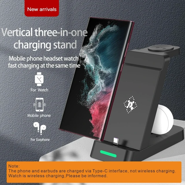 Alt view image 3 of 7 - 3 in 1 Fast Charging Station for Samsung Galaxy Phones Watch Earbuds Charger, Fast Android Charger Stand Dock for Samsung Galaxy S25/S24/S23/S22/21/20/Note20/10 Galaxy Watch Ultra 8/7/6/5/4 (Black)