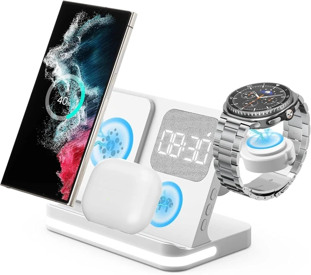 Main image of 4 in 1 Wireless Charger with Alarm Clock Compatible for Samsung,Multiple Devices Charging Station for Galaxy Watch 8/Ultra/FE,Galaxy S26/S25/Note/Z Fold 8/8 Ultra,Z Flip 8/ Fold,Buds4(White)
