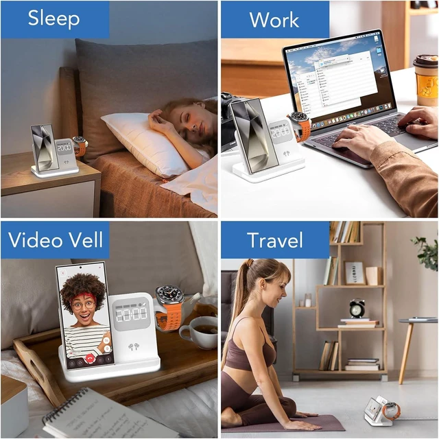 Alt view image 5 of 7 - 4 in 1 Wireless Charger with Alarm Clock Compatible for Samsung,Multiple Devices Charging Station for Galaxy Watch 8/Ultra/FE,Galaxy S26/S25/Note/Z Fold 8/8 Ultra,Z Flip 8/ Fold,Buds4(White)