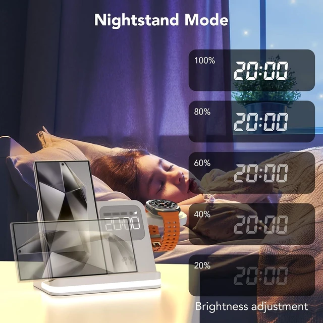 Alt view image 3 of 7 - 4 in 1 Wireless Charger with Alarm Clock Compatible for Samsung,Multiple Devices Charging Station for Galaxy Watch 8/Ultra/FE,Galaxy S26/S25/Note/Z Fold 8/8 Ultra,Z Flip 8/ Fold,Buds4(White)