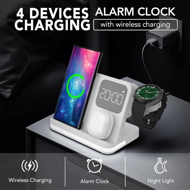 Alt view image 7 of 7 - 4 in 1 Wireless Charger with Alarm Clock Compatible for Samsung,Multiple Devices Charging Station for Galaxy Watch 8/Ultra/FE,Galaxy S26/S25/Note/Z Fold 8/8 Ultra,Z Flip 8/ Fold,Buds4(White)