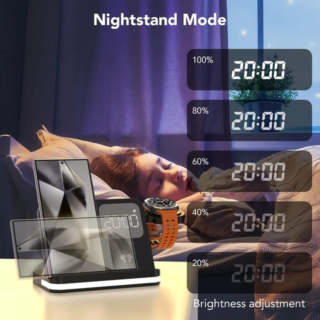 Alt view image 2 of 7 - 4 in 1 Wireless Charger with Alarm Clock Compatible for Samsung,Multiple Devices Charging Station for Galaxy Watch 8/Ultra/FE,Galaxy S26/S25/Note/Z Fold 8/8 Ultra,Z Flip 8/ Fold,Buds4