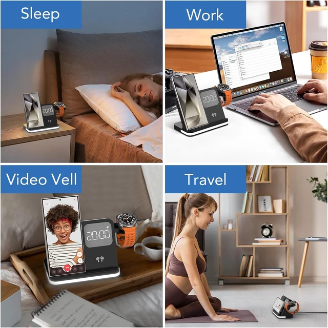 Alt view image 4 of 7 - 4 in 1 Wireless Charger with Alarm Clock Compatible for Samsung,Multiple Devices Charging Station for Galaxy Watch 8/Ultra/FE,Galaxy S26/S25/Note/Z Fold 8/8 Ultra,Z Flip 8/ Fold,Buds4