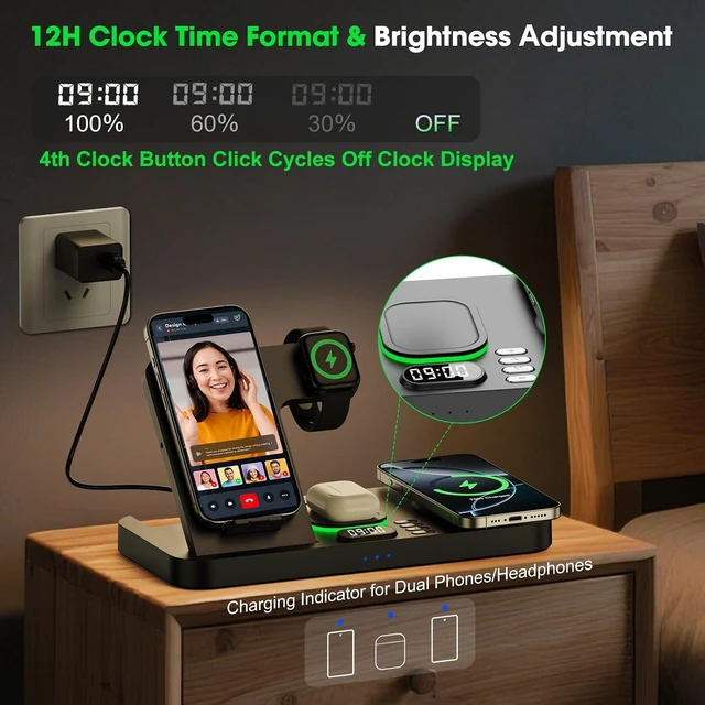 Alt view image 5 of 7 - Dual Phone Foldable Wireless Charging Station for Apple, Couple&Family Use,Only for Apple Watch Charging, Dual Phone Slots, 7Color Cyclic Ambient Light, Digital Clock Display, for Travel& Couple Gift