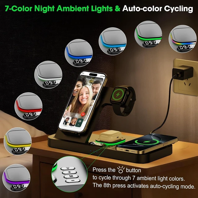 Alt view image 4 of 7 - Dual Phone Foldable Wireless Charging Station for Apple, Couple&Family Use,Only for Apple Watch Charging, Dual Phone Slots, 7Color Cyclic Ambient Light, Digital Clock Display, for Travel& Couple Gift