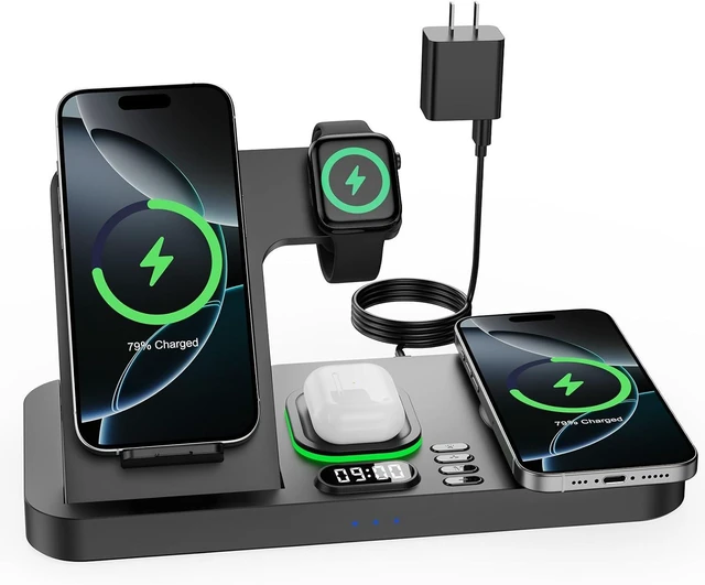 Main image of Dual Phone Foldable Wireless Charging Station for Apple, Couple&Family Use,Only for Apple Watch Charging, Dual Phone Slots, 7Color Cyclic Ambient Light, Digital Clock Display, for Travel& Couple Gift