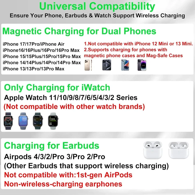 Alt view image 3 of 7 - Dual Phone Foldable Wireless Charging Station for Apple, Couple&Family Use,Only for Apple Watch Charging, Dual Phone Slots, 7Color Cyclic Ambient Light, Digital Clock Display, for Travel& Couple Gift