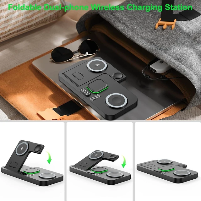 Alt view image 6 of 7 - Dual Phone Foldable Wireless Charging Station for Apple, Couple&Family Use,Only for Apple Watch Charging, Dual Phone Slots, 7Color Cyclic Ambient Light, Digital Clock Display, for Travel& Couple Gift