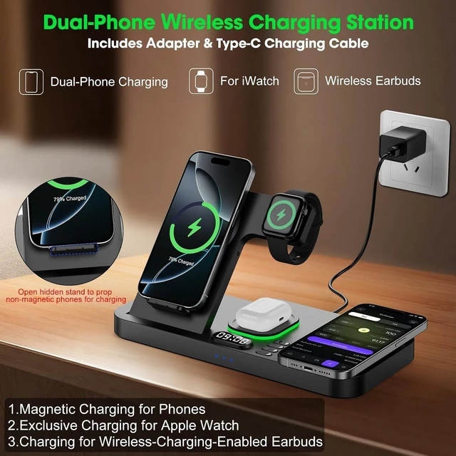 Alt view image 2 of 7 - Dual Phone Foldable Wireless Charging Station for Apple, Couple&Family Use,Only for Apple Watch Charging, Dual Phone Slots, 7Color Cyclic Ambient Light, Digital Clock Display, for Travel& Couple Gift