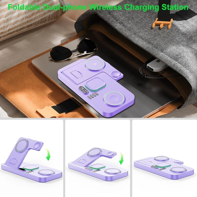 Alt view image 2 of 7 - Dual Phone Foldable Wireless Charging Station for Apple, Couple&Family Use,Only for Apple Watch Charging, Dual Phone Slots, 7Color Cyclic Ambient Light, Digital Clock Display, for Travel& Couple Gift