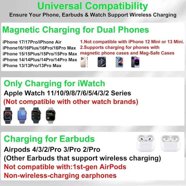 Alt view image 6 of 7 - Dual Phone Foldable Wireless Charging Station for Apple, Couple&Family Use,Only for Apple Watch Charging, Dual Phone Slots, 7Color Cyclic Ambient Light, Digital Clock Display, for Travel& Couple Gift