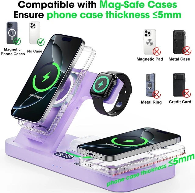 Alt view image 4 of 7 - Dual Phone Foldable Wireless Charging Station for Apple, Couple&Family Use,Only for Apple Watch Charging, Dual Phone Slots, 7Color Cyclic Ambient Light, Digital Clock Display, for Travel& Couple Gift