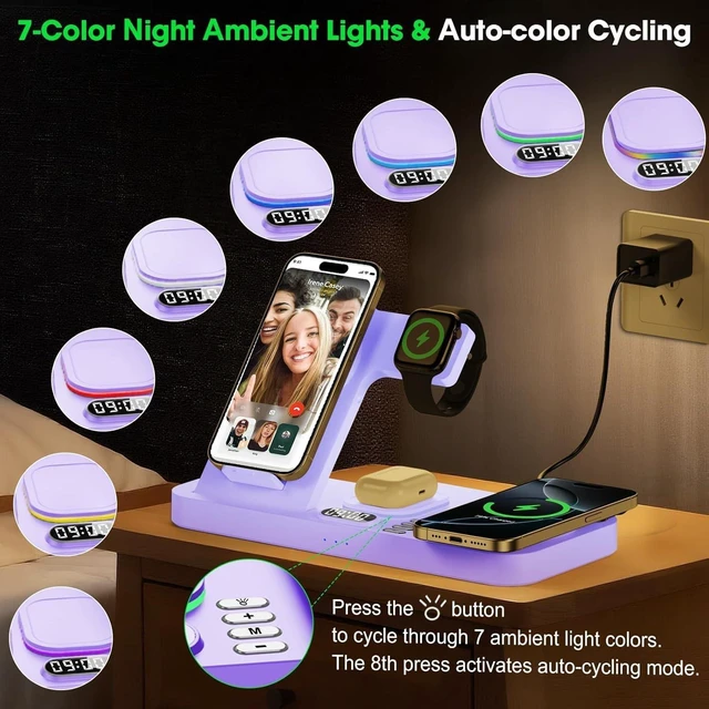 Alt view image 3 of 7 - Dual Phone Foldable Wireless Charging Station for Apple, Couple&Family Use,Only for Apple Watch Charging, Dual Phone Slots, 7Color Cyclic Ambient Light, Digital Clock Display, for Travel& Couple Gift