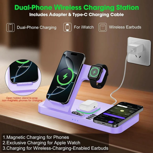 Alt view image 5 of 7 - Dual Phone Foldable Wireless Charging Station for Apple, Couple&Family Use,Only for Apple Watch Charging, Dual Phone Slots, 7Color Cyclic Ambient Light, Digital Clock Display, for Travel& Couple Gift