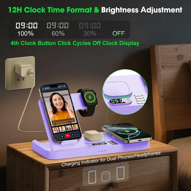 Alt view image 7 of 7 - Dual Phone Foldable Wireless Charging Station for Apple, Couple&Family Use,Only for Apple Watch Charging, Dual Phone Slots, 7Color Cyclic Ambient Light, Digital Clock Display, for Travel& Couple Gift
