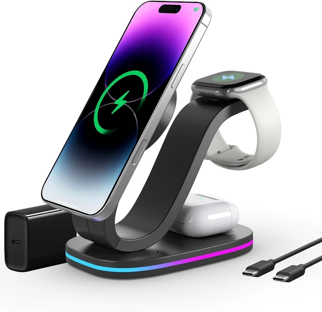 Main image of Wireless Charger 3 in 1 for iPhone, Magnetic Charging Station for Apple Family with Adjustable Multicolor Ambient Light, 15W Fast MagSafe Charger Stand,for iPhone17-12-iWatch AirPods Series