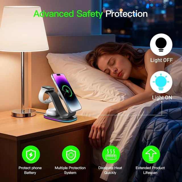 Alt view image 2 of 7 - Wireless Charger 3 in 1 for iPhone, Magnetic Charging Station for Apple Family with Adjustable Multicolor Ambient Light, 15W Fast MagSafe Charger Stand,for iPhone17-12-iWatch AirPods Series