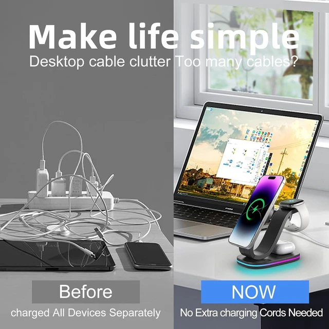 Alt view image 4 of 7 - Wireless Charger 3 in 1 for iPhone, Magnetic Charging Station for Apple Family with Adjustable Multicolor Ambient Light, 15W Fast MagSafe Charger Stand,for iPhone17-12-iWatch AirPods Series