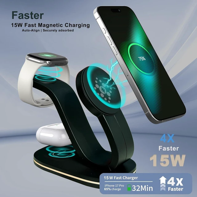 Alt view image 5 of 7 - Wireless Charger 3 in 1 for iPhone, Magnetic Charging Station for Apple Family with Adjustable Multicolor Ambient Light, 15W Fast MagSafe Charger Stand,for iPhone17-12-iWatch AirPods Series