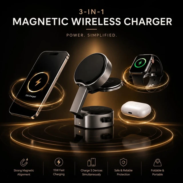 Alt view image 5 of 7 - Wireless Charger Mini 3-in-1,25W Fast Charging, Foldable, Magnetic, Desktop Charging Station for iPhone and Apple Watch