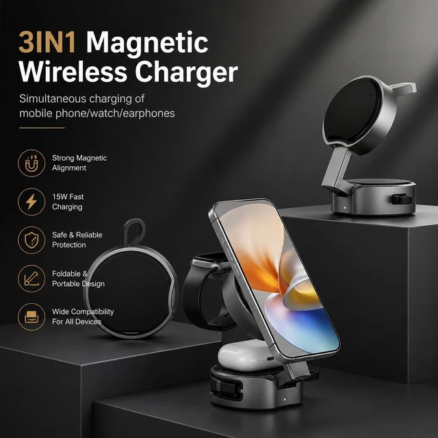 Alt view image 4 of 7 - Wireless Charger Mini 3-in-1,25W Fast Charging, Foldable, Magnetic, Desktop Charging Station for iPhone and Apple Watch