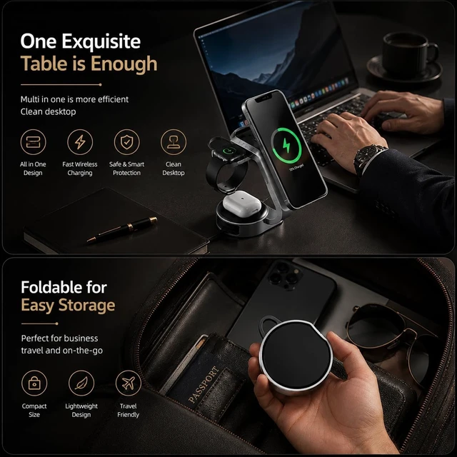 Alt view image 3 of 7 - Wireless Charger Mini 3-in-1,25W Fast Charging, Foldable, Magnetic, Desktop Charging Station for iPhone and Apple Watch