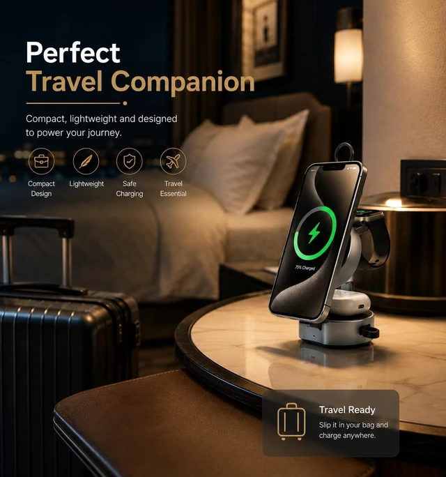 Alt view image 2 of 7 - Wireless Charger Mini 3-in-1,25W Fast Charging, Foldable, Magnetic, Desktop Charging Station for iPhone and Apple Watch