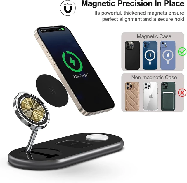 Alt view image 3 of 6 - 3 in 1 Charging Station for Apple Devices, Mag-Safe Charger Stand, Magnetic Wireless Charger Station for iPhone 17 16 15 14 13 12 Series, for iWatch Ultra 10 9 8 7 SE 6 5 4 3, for AirPods (Black)