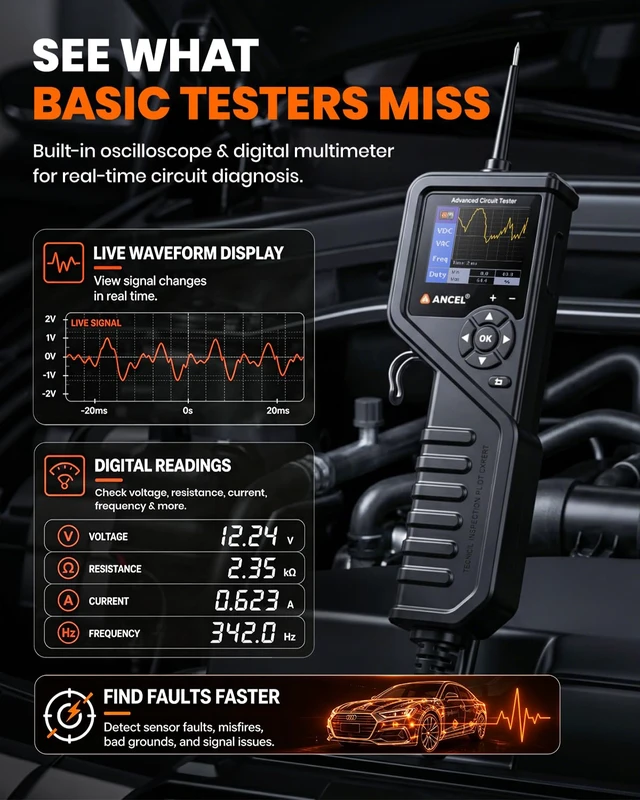 Alt view image 4 of 7 - ANCEL PB600 Automotive Power Circuit Probe, 12-24V Elec. Short&Open Finder,Component Activation, Car Battery, Injector, and Relay Test, Multimeter & Oscilloscope Live Waveform Display, 30FT Cable