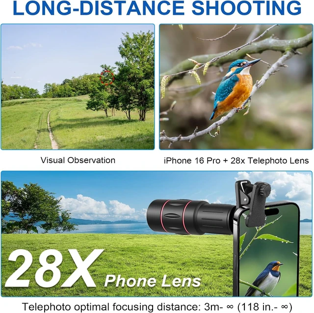 Alt view image 3 of 7 - 28X Telephoto Zoom Lens with Tripod for iPhone Samsung Android Camera, HD Clip-On Monocular Telescope for Moon, Concerts, Wildlife, Sports Events, Bird Watching, Portable Smartphone Lens Kit
