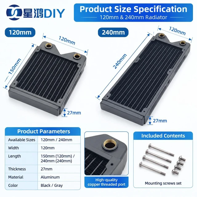 Alt view image 6 of 7 - 120mm Copper Water Cooling Radiator, 29mm, 2 G1/4 Ports, Copper & brass · 14 micro-channels · G1/4 · ITX/SFF loop · fits EK, Alphacool, Barrow, XSPC builds