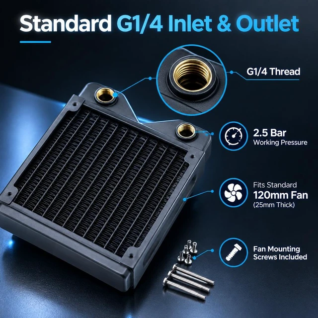Alt view image 5 of 7 - 120mm Copper Water Cooling Radiator, 29mm, 2 G1/4 Ports, Copper & brass · 14 micro-channels · G1/4 · ITX/SFF loop · fits EK, Alphacool, Barrow, XSPC builds