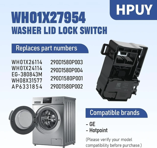 Alt view image 3 of 6 - WH01X27954 Washer Lid Lock Switch Compatible with GE Hotpoint Washers,Replaces 290D1580P004, 290D1580P002, WH01X24114, WH01X26114, GTW335ASN1WW, GTW330ASK4WW; helps fix start, spin, drain issues