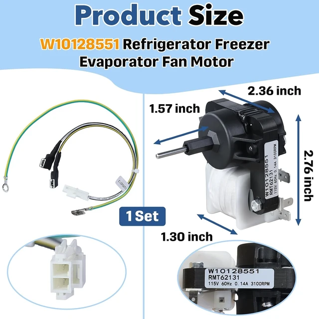 Alt view image 5 of 7 - W10128551 Refrigerator Freezer Evaporator Fan Motor,Compatible with Whirlpool, Kenmore, Amana, Crosley, Maytag, KitchenAid Freezer System, Replace WPW10128551 W10199049