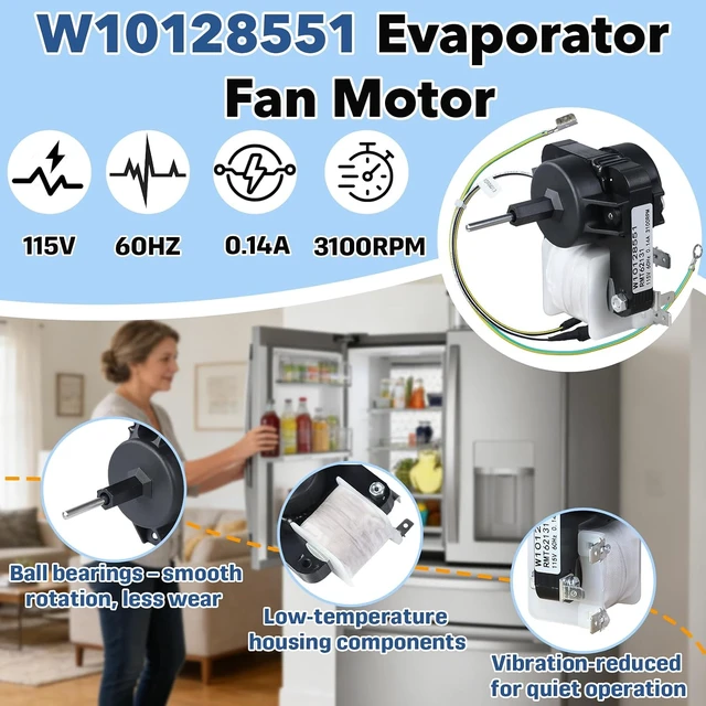 Alt view image 2 of 7 - W10128551 Refrigerator Freezer Evaporator Fan Motor,Compatible with Whirlpool, Kenmore, Amana, Crosley, Maytag, KitchenAid Freezer System, Replace WPW10128551 W10199049