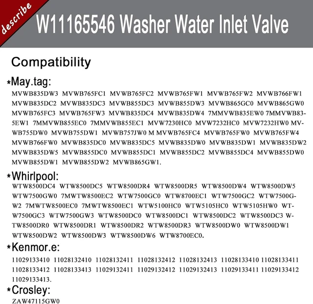 Alt view image 3 of 6 - W11165546 W10758828 Washer Water Inlet Valve - Compatible with Maytag &Whirlpool Washing Machine wm0642hw wm0642hw mah7500aww,mvwb765fw0 mvw6230hw2 Replace#w11096267