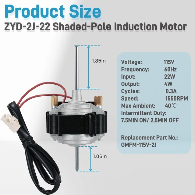 Alt view image 3 of 7 - ZYD-2J-22 Series Refrigerator Refrigeration Fan Motor, Freezer Fan Shaded-Pole Induction Motor for Refrigerator Replace GMFM-115V-2J, 115V 60Hz Input 22W Output 4W 1550RPM Input 0.3A