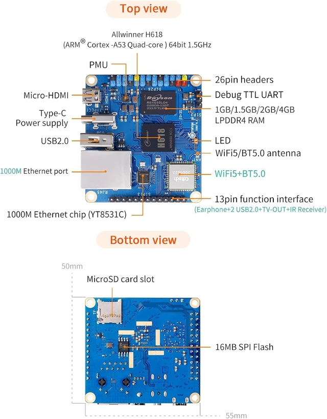 Alt view image 5 of 6 - Orange Pi Zero 3 1G Allwinner H618 LPDDR4 Quad Core 64 Bit Single Board Computer, Support 4K Display WiFi Bluetooth