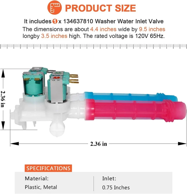 Alt view image 3 of 7 - OEM 134637810 Washer Water Inlet Valve by Beaquicy (5 YEAR WARRANTY) - Replacement for Ken-more Crosley Washing Machine -Replaces 134637800, 7134637800, 7134637810, 1482877, AP4368791