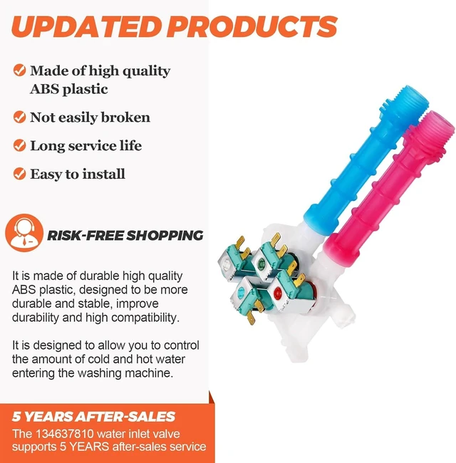 Alt view image 2 of 7 - OEM 134637810 Washer Water Inlet Valve by Beaquicy (5 YEAR WARRANTY) - Replacement for Ken-more Crosley Washing Machine -Replaces 134637800, 7134637800, 7134637810, 1482877, AP4368791