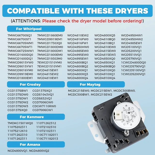 Alt view image 2 of 7 - WPW10185981 W10185981 Dryer Timer Replacement, 115V 60Hz,Compatible with Whirlpool Maytag Kenmore Crosley Amana Gas Dryers Replaces 418-095-20-B5, AP6016540, PS11749830, EAP11749830