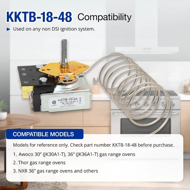 Alt view image 4 of 7 - Robertshaw KKTB-18-48 Bake/Broil Oven Thermostat, 48 in Capillary,Fits Awoco JK30A1-T/JK36A1-T, Thor and NXR gas ranges, Max 599°F, 5A,120 VAC, 3/16 x 11-inch copper bulb