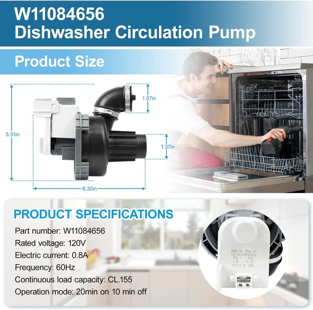 Alt view image 6 of 7 - W11084656 W11612327 Dishwasher Circulation Pump for Whirlpool Dishwasher,WDT750SAHZ0 WDTA50SAHZ0 WDT730PAHZ0 Circulation Pump Kenmore W11084656 Wash Pump Motor Kitchenaid Dishwasher Replacement Part