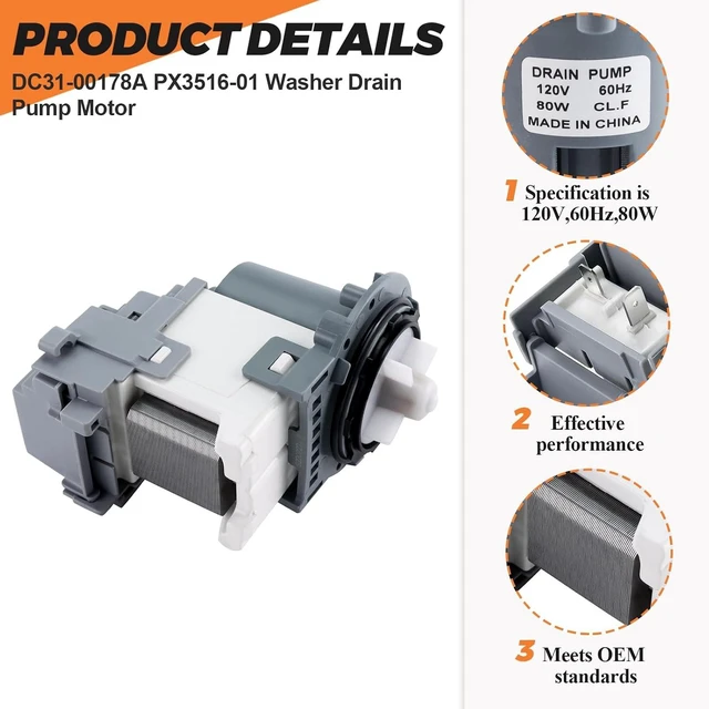 Alt view image 4 of 7 - OEM DC31-00178A PX3516-01 Washer Drain Pump Upgrade Fit for SAMSUNG Washer, Replaces DC31-00187A DC97-19289F DC31-00178D B35-3a DC97-20621A PX3516-01, 5 YEARS WARRANTY by Beaquicy