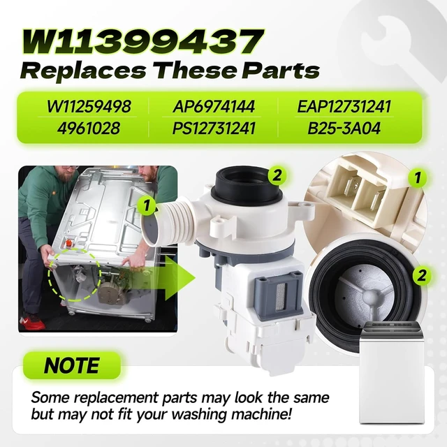 Alt view image 2 of 7 - W11399437 W11259498 Washer Drain Pump Assembly for Whirlpool Maytag Kenmore,B25-3A04 Washing Machine Drain Pump Replace W11259498 4961028 AP6974144 PS12731241 EAP12731241