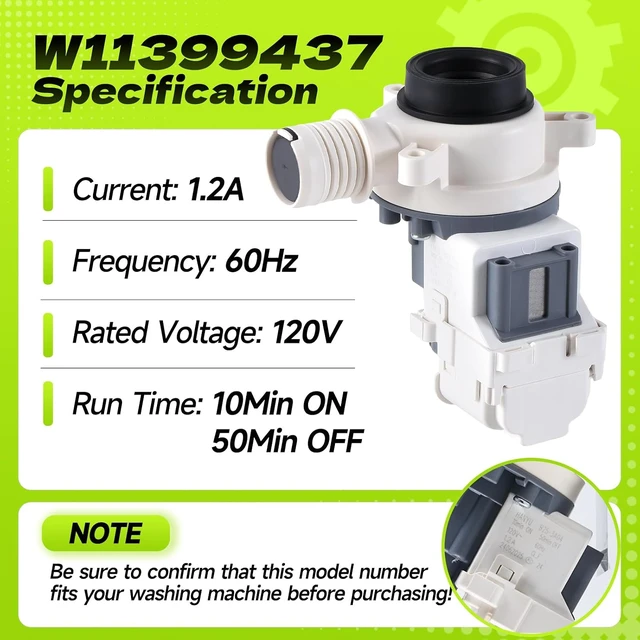 Alt view image 3 of 7 - W11399437 W11259498 Washer Drain Pump Assembly for Whirlpool Maytag Kenmore,B25-3A04 Washing Machine Drain Pump Replace W11259498 4961028 AP6974144 PS12731241 EAP12731241