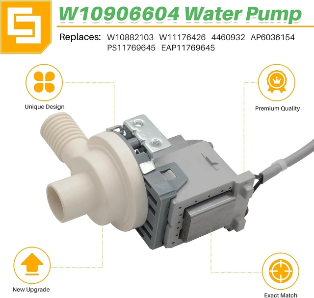 Alt view image 2 of 7 - W10906604 Washer Drain Pump Assembly for Whirlpool Kenmore Amana,Durable PP Material, Fixes Standing Water, Leaks & Loud Noise, Easy DIY Install, Replaces W10882103 W11176426 EAP11769645