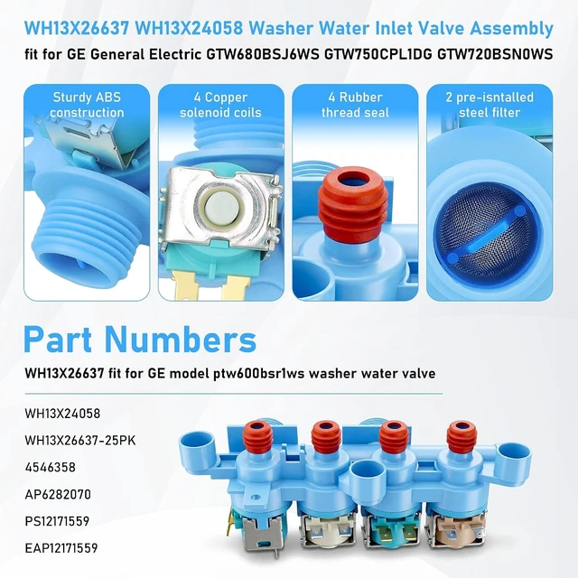 Alt view image 6 of 6 - WH13X26637 WH13X24058 Washer Water Inlet Valve fit for GE PTW600BSR1WS,AP6282070 fit for GE Valve Quad Water Asm WH13X26637-25PK GTW680BSJ5WS PTW600BSR1WS PTW605BSR1WS GTW725BSN0WS GTW680BSJ6WS