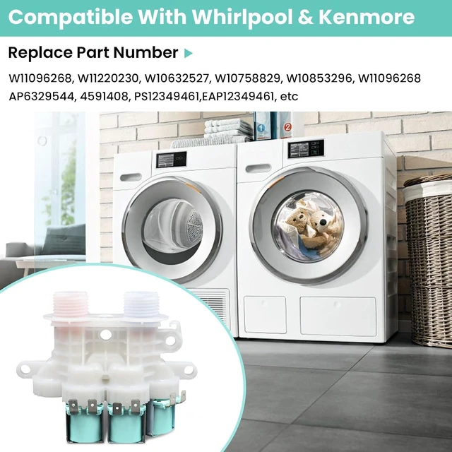 Alt view image 3 of 7 - W11096268 W11220230 Water Inlet Valve Compatible with whirl-pool ken-more Washing Machine Replaces W10632527 W10758829 W10853296 W11096268 etc (120V 60Hz)